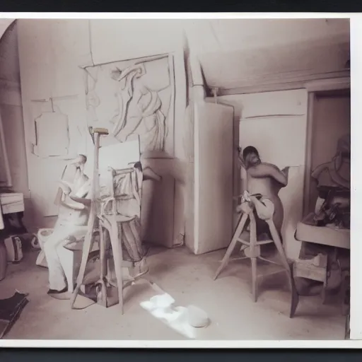 Prompt: polaroide photo inside of a greek sculpture atelier with artists working, award winning photo, color