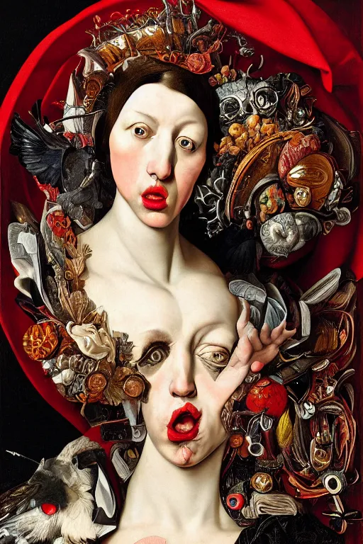 Image similar to Detailed maximalist portrait with large lips and with large white eyes, angry expression, HD mixed media, 3D collage, highly detailed and intricate surrealism, illustration in the style of Caravaggio, dark art, baroque