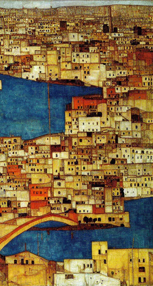 Prompt: a city in south of iran with a bridge, painting by egon schiele