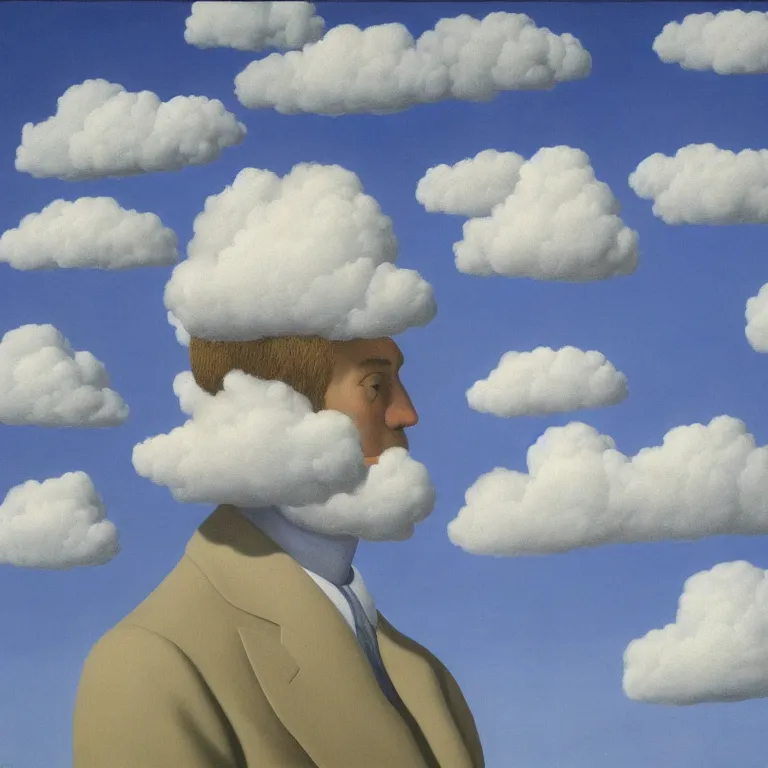 Image similar to portrait of a cloud man by rene magritte, detailed painting, hd, hq, high resolution, high detail, 4 k, 8 k