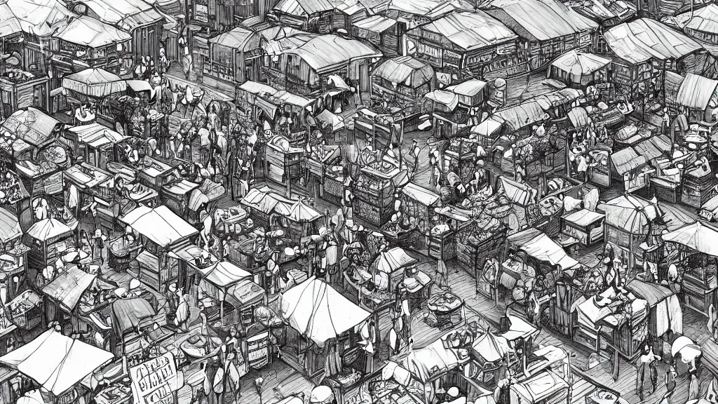 Image similar to a black and white drawing of a busy fish market stretching to the horizon, a storybook illustration by mattias adolfsson, behance contest winner, modern european ink painting, matte drawing, storybook illustration, panoramic, isometric