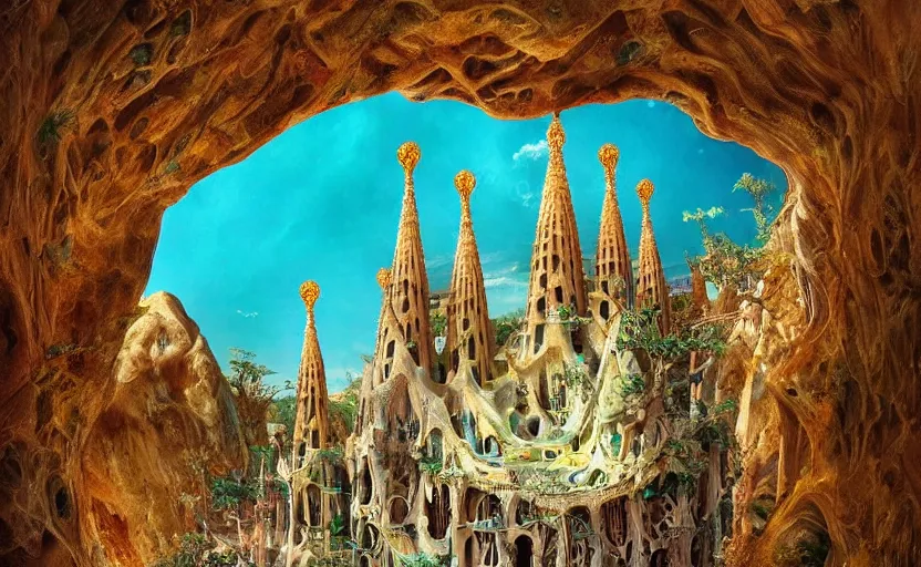 Prompt: a reflection in a drink of a heavenly city with lush walkways, beautiful bioarchitecture design by kedem pitsou, m. c. escher, gaudi sagrada familia, and bisti badlands, emerald gold and beksinski, highly detailed, bokeh, beautiful, artstation