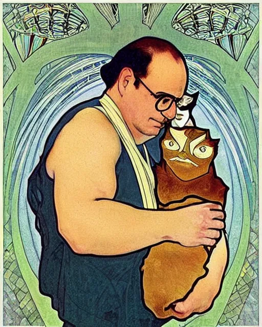 Prompt: “ george costanza!!!!!!!!!!!!! from seinfeld holding grumpy cat, halo, art nouveau, extremely detailed, by alphonse mucha ”