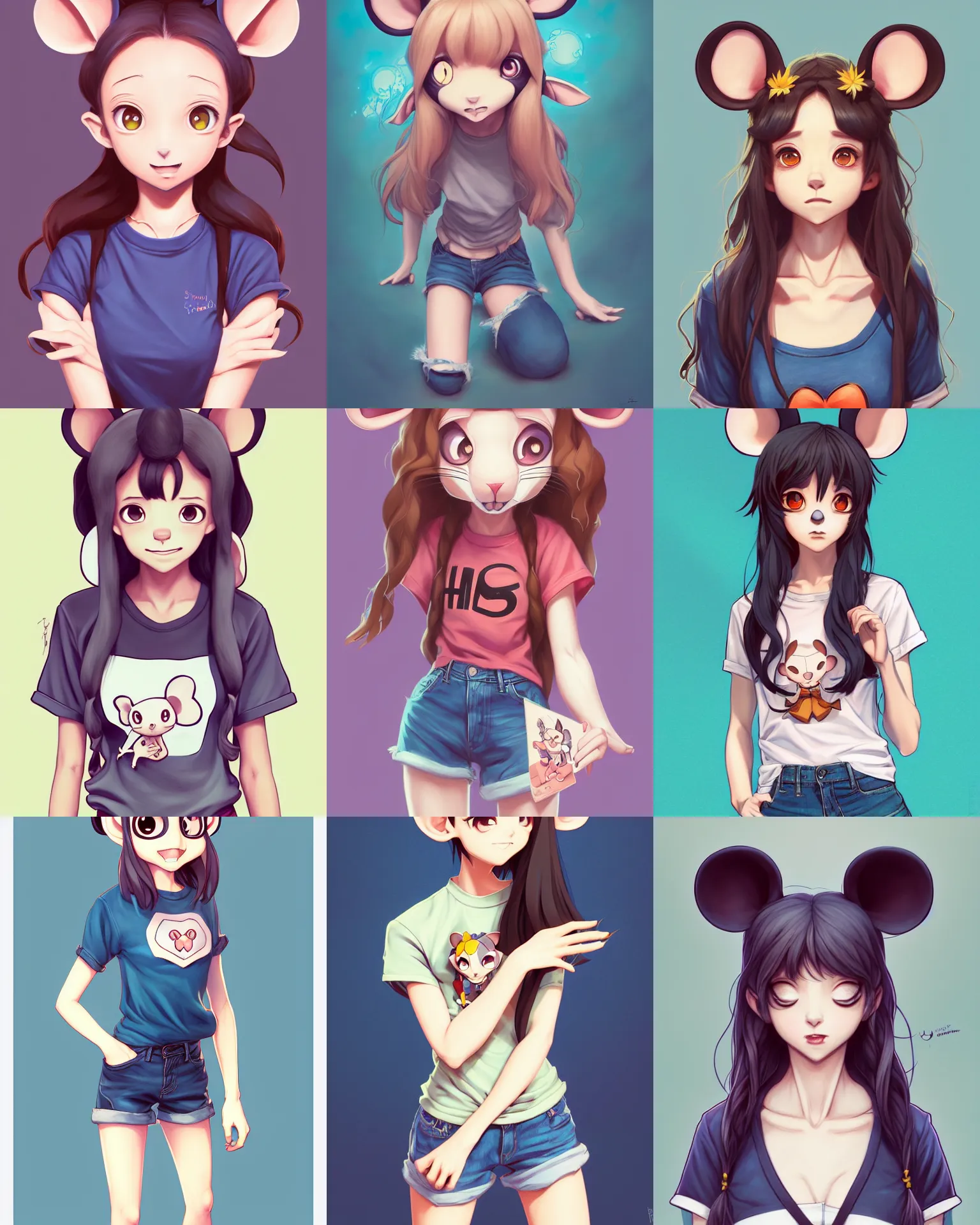 Prompt: fullbody portrait of half - mouse woman with mouse nose and ears, wearing summer jeans shorts and tshirt, anime art, concept art, detailed attractive face, symmetrical, trending on pixiv, by lois van baarle by sung choi by john kirby artgerm style pascal blanche and magali villeneuve, ghibli studio