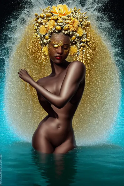 Prompt: hyperrealistic post - classical cinematic very beautiful! black oshun goddess with white! eyes in water, white body paint, mirror dripping droplet!, gold flowers, highly detailed digital art masterpiece, smooth etienne sandorfi eric zener dramatic pearlescent soft teal light, ground angle uhd 8 k, sharp focus