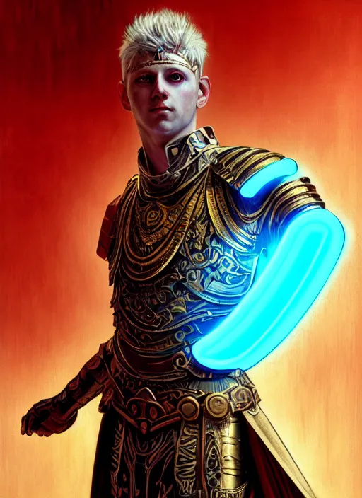 Image similar to the pale blond male praetorian centurion lucius smirking, sci fi, glowing eyes, volumetric lights, red and cyan theme, art nouveau botanicals, intricate, highly detailed, digital painting, artstation, concept art, smooth, sharp focus, cinematic, illustration, beautiful face, art by artgerm and greg rutkowski and alphonse mucha