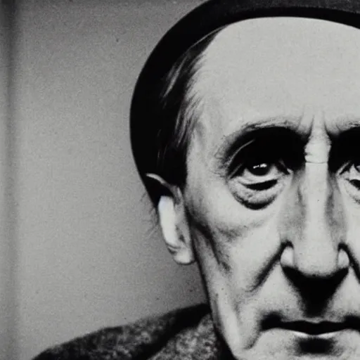 Prompt: a close - up pensive portrait of marcel duchamp in the style of hito steyerl and shinya tsukamoto and irving penn