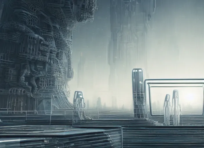 Prompt: cult of technology, exterior, scifi, temple, machines, robots, ultra realistic, transparent labs, metallic surface, highly detailed, white, futuristic landscape, city, utopian architecture, atmosphere, masterpiece, portals, epic lighting, glowing wires, mysterious, 4 k, cinematic, art by patryk olkiewicz and chris ostrowski and liang yao