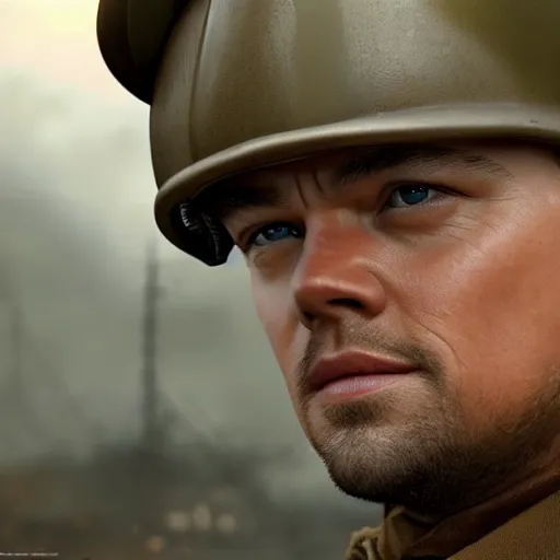 Image similar to leonardo dicaprio as a us ww 2 soldier during the battle of the rhine, cinematic lighting photorealistic highly detailed