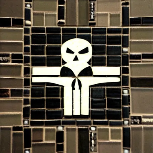 Image similar to from outside looking within the dimly lit ancient temple, punisher symbol in the form of a detailed tile floor mosaic in the form of punisher symbol in spotlight