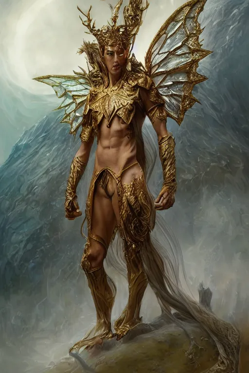 Image similar to full body portrait shot of adrien brody as king oberon, fairy wings, lord of beasts, highly detailed, digital painting, artstation, concept art, soft focus, depth of field, artgerm, tomasz alen kopera, peter mohrbacher, donato giancola, wlop, boris vallejo