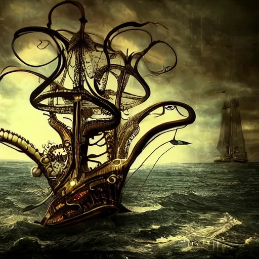 Prompt: A flying octopus ship, digital art, steampunk, epic, cinematic, dramatic lighting
