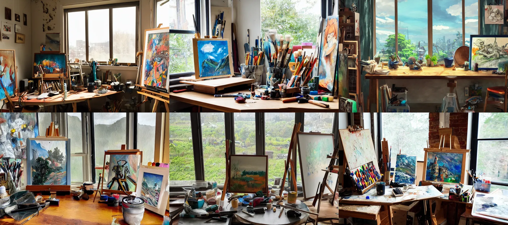 Prompt: artists studio full of art equipment. mason jar full of brushes close view on table, easel with paining by window, scenic full shot, ambient lighting, by makoto shinkai, junji ito, grime, junk trash, wires