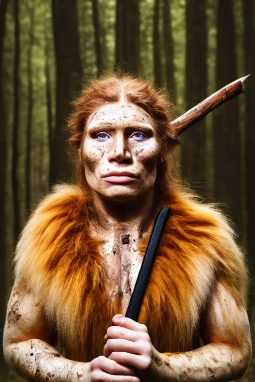 Image similar to a professional portrait photo of a gentle strong neanderthal woman in the forest in winter holding a spear, freckles and mud on face, black stripe painted side to side across her eyes, ginger hair and fur, extremely high fidelity, natural lighting,