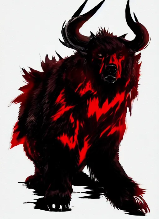 Prompt: A horned bear spirit with black and red fur. In style of Yoji Shinkawa and Hyung-tae Kim, trending on ArtStation, dark fantasy, great composition, concept art, highly detailed.