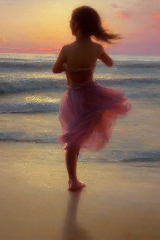 Image similar to a girl dancing on the seashore at sunset, by vicente romero redondo