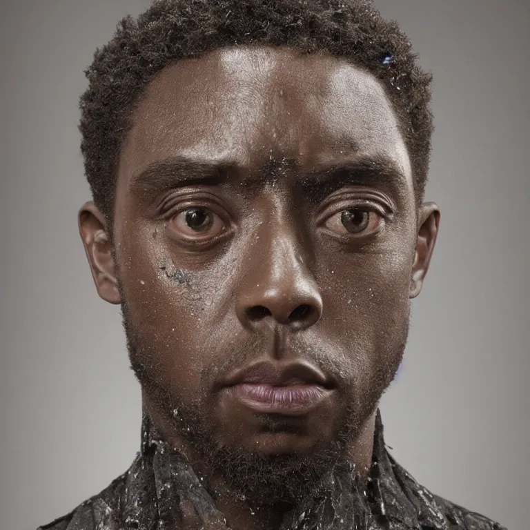 Image similar to beautiful studio photograph of colorful postmodern portrait sculpture of chadwick boseman disappointed, beautiful symmetrical face accurate face detailed face realistic proportions, made of spray - painted granite on a pedestal by ron mueck and matthew barney and greg rutkowski, hyperrealism intense cinematic lighting shocking detail 8 k