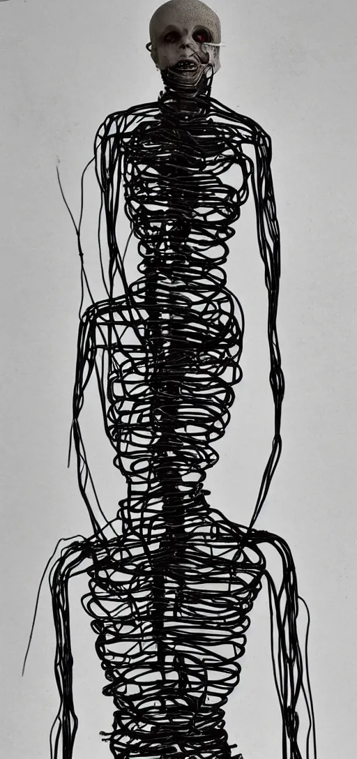 Prompt: human made out of wires and machinery, tall, body horror, creepy, disturbing, dark,