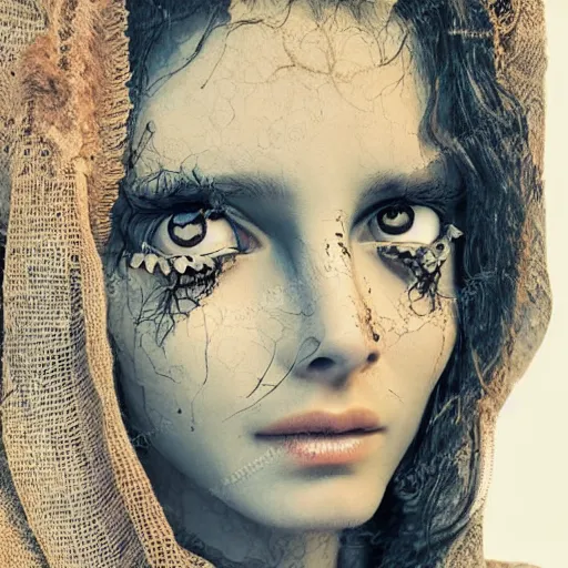 Prompt: a detailed portrait of a beautiful vagabond woman in dessert rags, striking features, metal eyes, robot eyes
