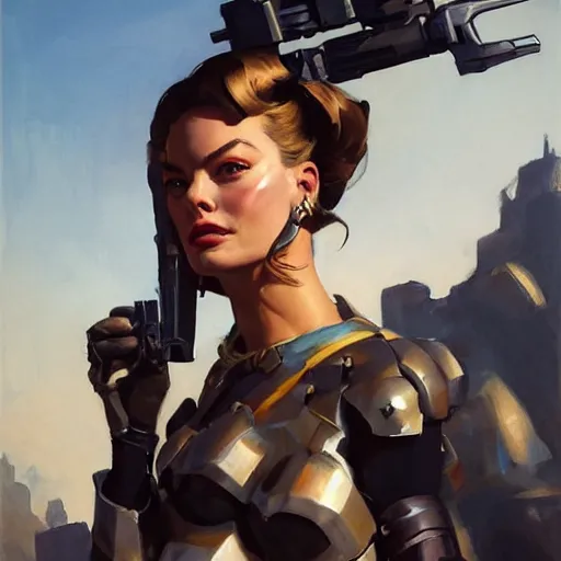 Prompt: greg manchess portrait painting of fully armored and armed margot robbie as overwatch character, close - up shot, asymmetrical, profile picture, organic painting, sunny day, matte painting, bold shapes, hard edges, street art, trending on artstation, by huang guangjian and gil elvgren and sachin teng