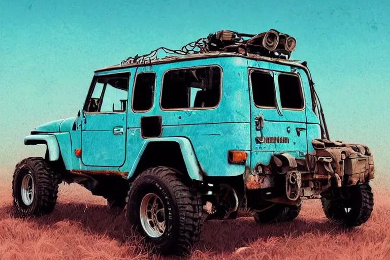 Image similar to digital illustration of a faded cyan mad max's fj 4 0 decrepit!!!! pursuit special, rusty!!! nissan fj cruiser heavily modded 1 9 9 0 s, the last v 8 interceptor by makoto shinkai, ilya kuvshinov, lois van baarle, rossdraws, basquiat