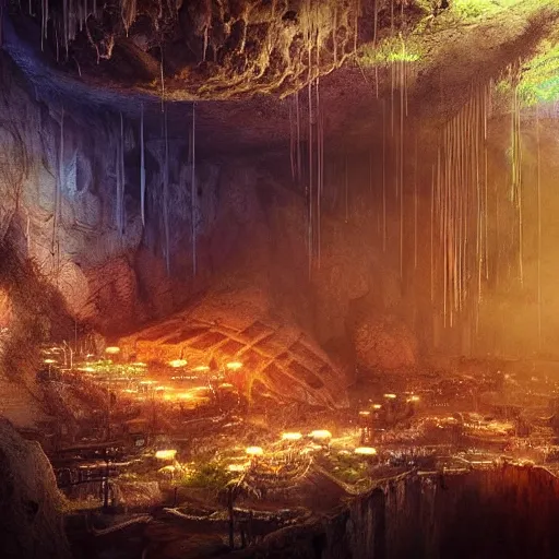 Prompt: “realistic image of city in a giant underground cave, bioluminescence, mushrooms, crystals, roots, Artstation HQ, photorealistic, hiperrealistic, 4k UHD, Unreal Engine 5, dark tones, high contrast”