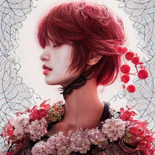 Image similar to the portrait of an absurdly beautiful, graceful, elegant, sophisticated, fashionable young gravure idol made of strawberries and white petals, an ultrafine hyperdetailed illustration by kim jung gi, irakli nadar, intricate linework, bright colors, octopath traveler, final fantasy, unreal engine 5 highly rendered, global illumination, radiant light, detailed and intricate environment