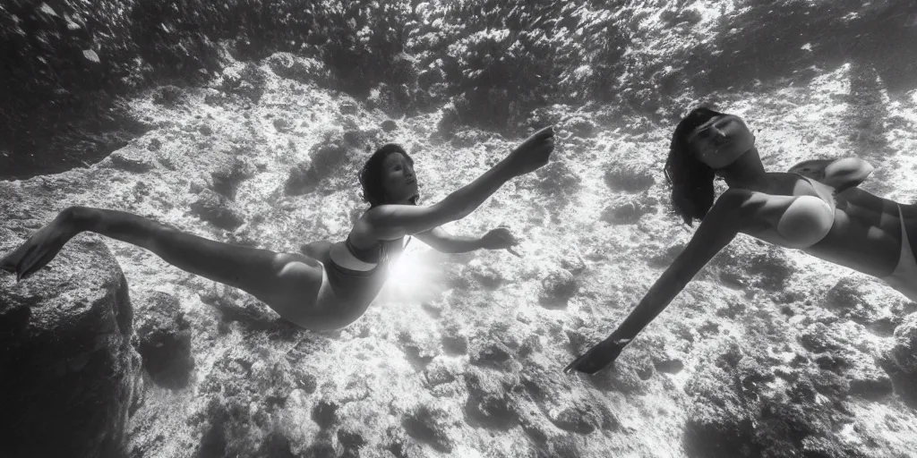 Image similar to wide angle view, underwater looking up, woman of color model swimming in large tall rock trench , toward the sun rays and caustics, film , cinematic, black and white underwater photography