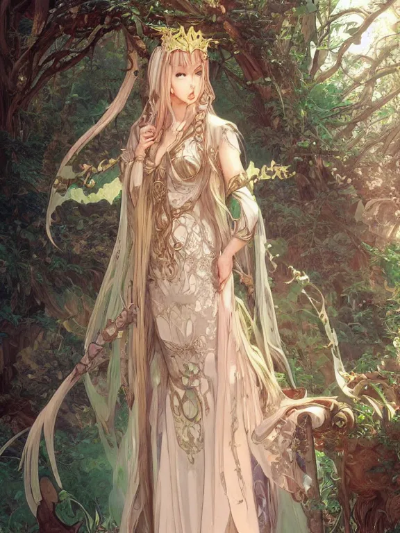 Image similar to anime key visual of amora the enchantress wearing a medieval gown!! intricate, magical forest, stunning, highly detailed, digital painting, artstation, smooth, hard focus, illustration, art by artgerm and greg rutkowski and alphonse mucha