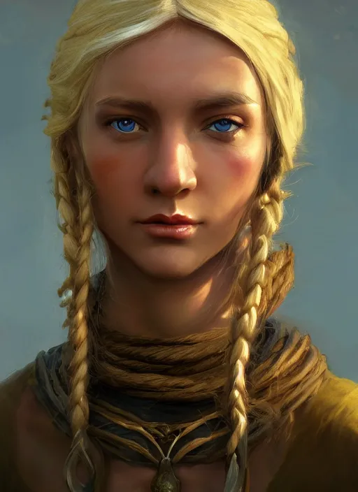 Image similar to blonde peasant woman, fantasy, medieval, vivid colors, fantasy, elegant, concept art, sharp focus, beautiful face!!, digital art, hyper - realistic, 4 k, unreal engine, highly detailed, hd, dramatic lighting by brom, trending on artstation