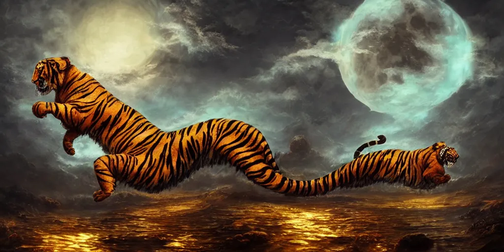 Prompt: concept art of translucent glowing tiger dancing, big booty, flowy, melting, round moon, swirly clouds, very detailed, volumetric light, mist, fine art, textured oil over canvas, dragons, epic fantasy art, very colorful, ornate intricate scales, gold skulls, fractal gems, 8 k, hyper realistic, high contrast