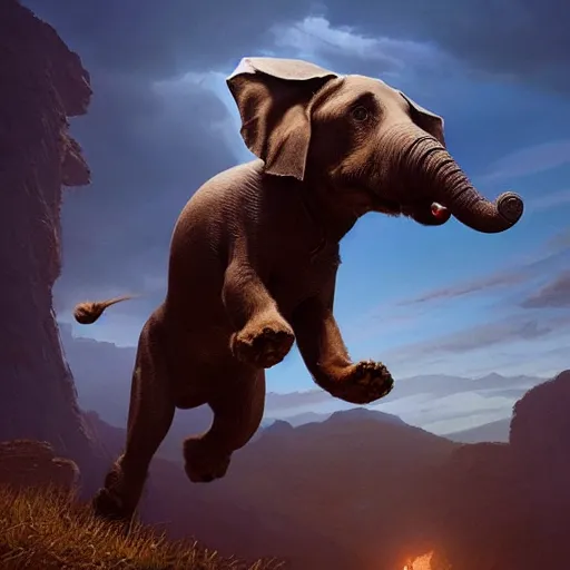 Prompt: dog jumps over hill, dog looks like elephant with trunk!!!, intricate, epic lighting, cinematic composition, hyper realistic, 8 k resolution, unreal engine 5, by artgerm, tooth wu, dan mumford, beeple, wlop, rossdraws, james jean, marc simonetti, artstation
