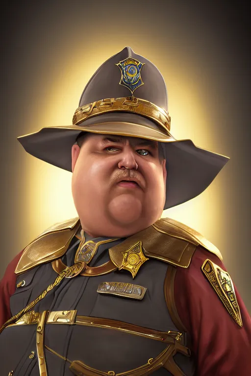 Prompt: high elf mall cop with a sheriff's badge that is fat, shifty, and incompetent, RPG portrait from the chest up, Oil Painting, hyperrealistic, Detailed Digital Art, dynamic lighting, Highly Detailed, Cinematic Lighting, 8k, HD