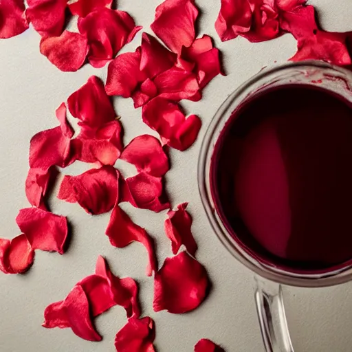 Prompt: rose petals erupting out of red wine bottle