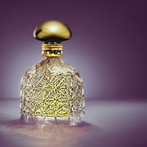 Prompt: a table lamp designed by christian dior in the shape of a perfume bottle, advertising photography, intricate details, gradient studio background, bokeh