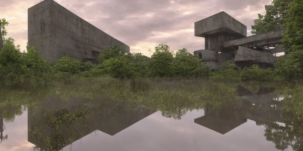 Image similar to an extremely detailed cathedral of brutalist architecture, surrounded by lush green forest, accurate reflections in murky ponds of water, stunning volumetric lighting, sunset, rusted steel, smooth concrete, stunning skies, trending on Artstation, 8k, photorealistic, hyper detailed, unreal engine 5, IMAX quality, cinematic, epic lighting, in the style of Doom and Greg Rutkowski