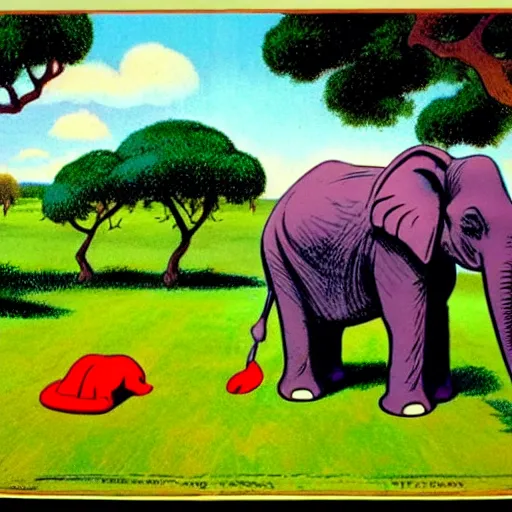 Prompt: an elephant on a green meadow drawn by Carl Barks