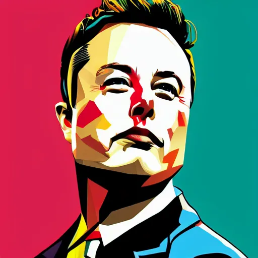 Image similar to portrait pop art comic illustration ofElon Musk, profile view, bright colors, high detail, angry, sullen