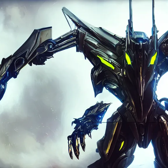 Image similar to cinematic shot, 35 foot tall extremely detailed beautiful handsome quadrupedal western robot mecha dragon, sharp edged black armor, shining gold accents around the edges, sleek OLED blue visor for eyes, four legs, walking in busy neon city streets, sharp claws, epic shot, highly detailed art, sci fi, furry, 3D realistic, warframe fanart, destiny fanart, furry art, dragon art, feral art, macro art, furaffinity, DeviantArt, sofurry
