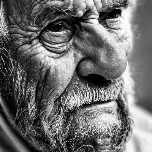 Prompt: A close-up portrait of an extremely wrinkly, old, weathered, wizened man, soft butterfly lighting, Fujifilm Velvia, F 1.2