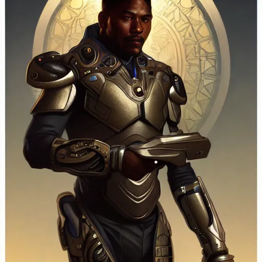 Image similar to ultra realistic illustration, a african american male cyborg soldier, intricate, elegant, highly detailed, digital painting, artstation, concept art, smooth, sharp focus, illustration, art by artgerm and greg rutkowski and alphonse mucha