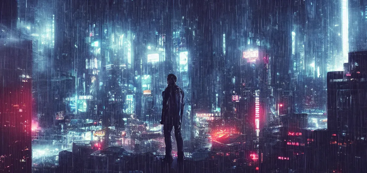 Prompt: shot of the roof with single man sitting on the edge during rain, below impressive cyberpunk night city during great rainy storm with lightning, nightscape, futuristic architecture, realistic photo, neons, blade runner, akira style, cinematic lighting, cinematic angles