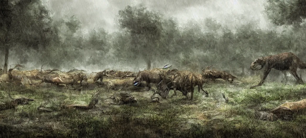 Prompt: prehistorical landscape, heavy rain, crowd of predator hunting prey, photorealistic, digital painting