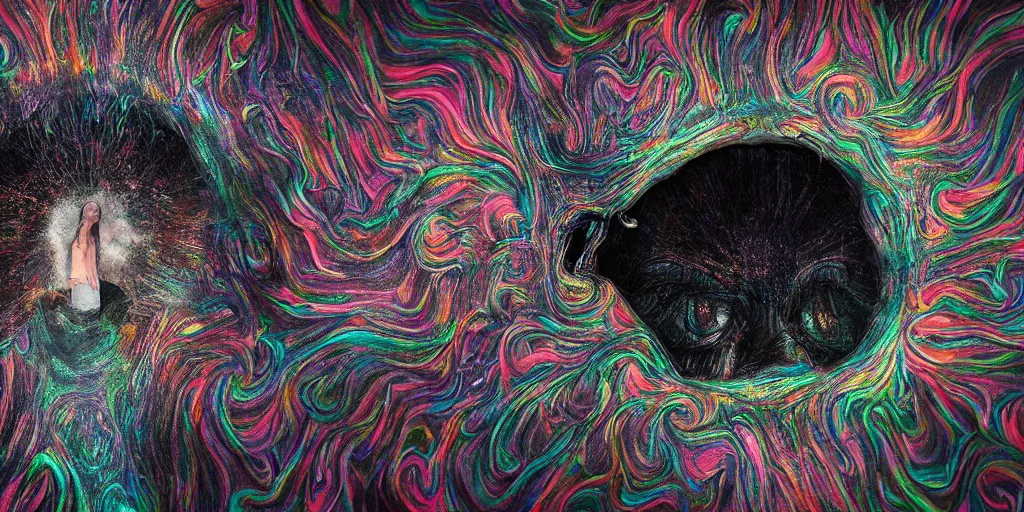 Image similar to realistic portrait of a creature experiment gone wrong, opened portal, psychedelic, dark art, facing camera, photo realistic, detailed, 1 4 5 0, delicate, hyper realism, ultra realistic, 8 k