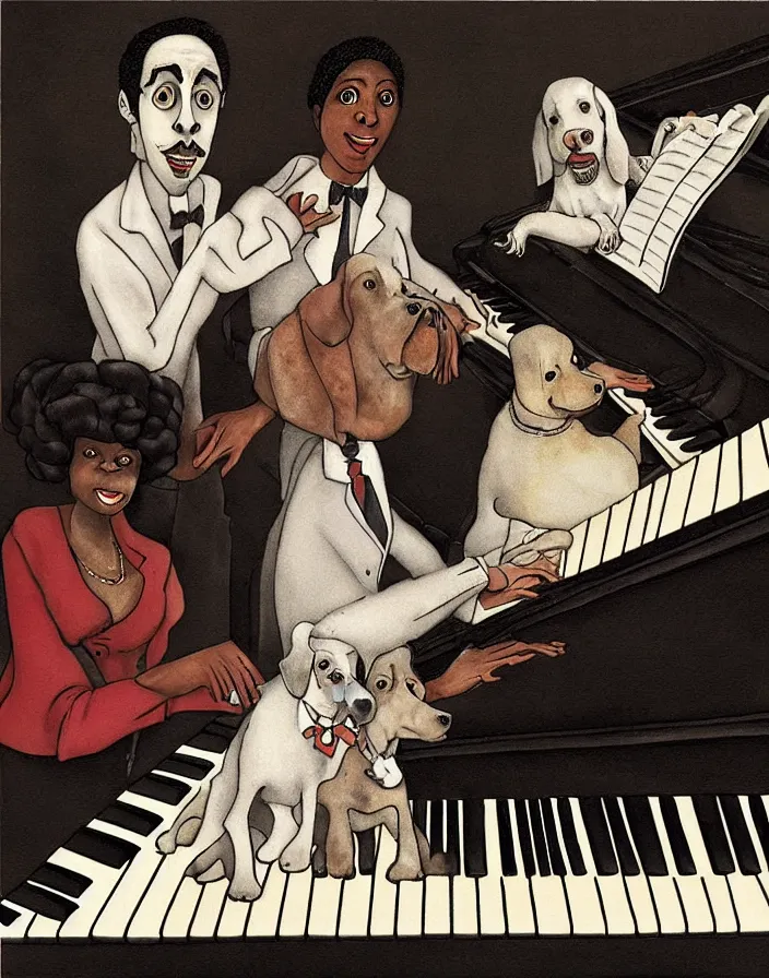 Image similar to a white person and a black person near the piano keyboard with two dogs by tim burton