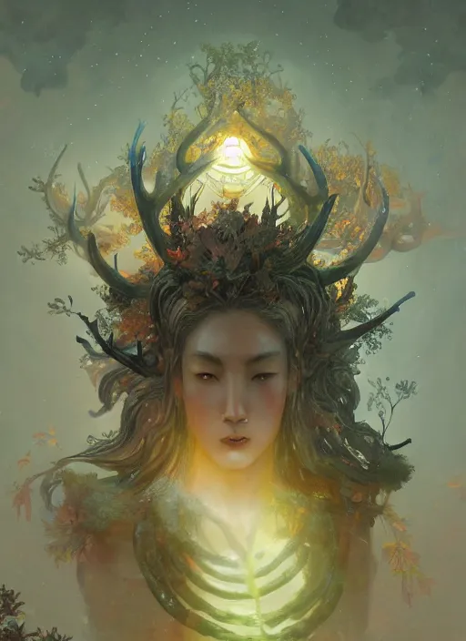 Image similar to Gigantic Stone Deity with a halo made of fluorescent mushrooms and antlers, flowing robes and translucent leaves, extremly detailed digital painting, in the style of Fenghua Zhong and Ruan Jia and jeremy lipking and Peter Mohrbacher, mystical colors, rim light, beautiful lighting, 8k, stunning scene, raytracing, octane, trending on artstation