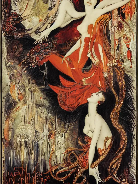 Prompt: a framed movie poster titled Vulvine, representing a dark haired Queen Vulvine, with a fair skin and Death, by Saul Bass, by Gustave Moreau, by Georgia O Keeffe