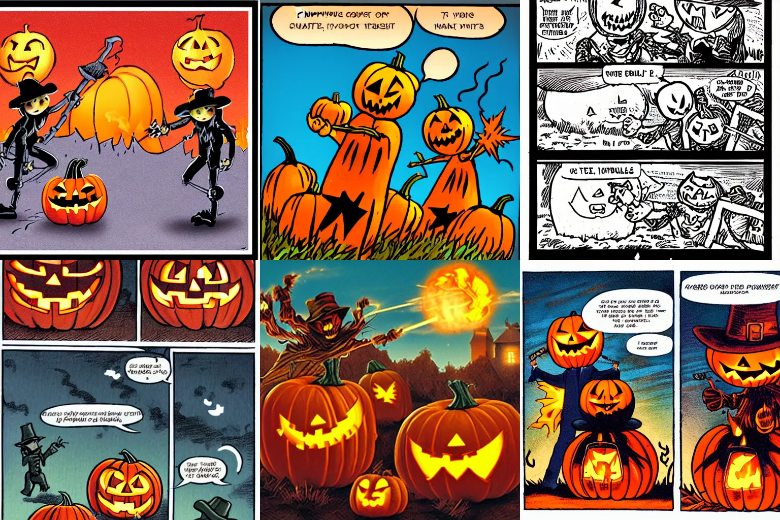 Prompt: Pumpkinmen holding flamethrowers fighting Scarecrows, comic panel