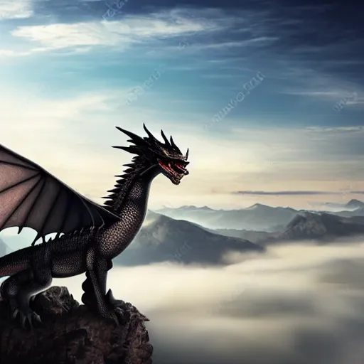 Image similar to wanderer above the sea of fog but there's a dragon