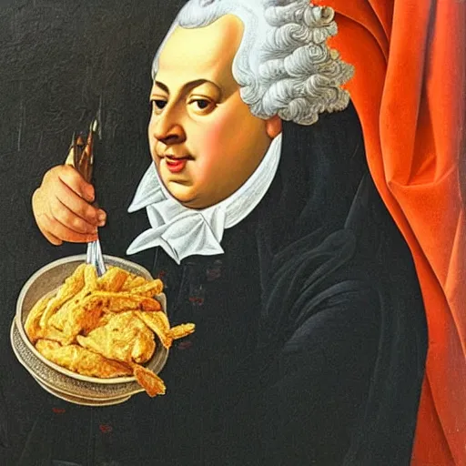 Prompt: oil painting of Louis XVI eating a bucket of KFC, oil on canevas, in the style of Botticelli